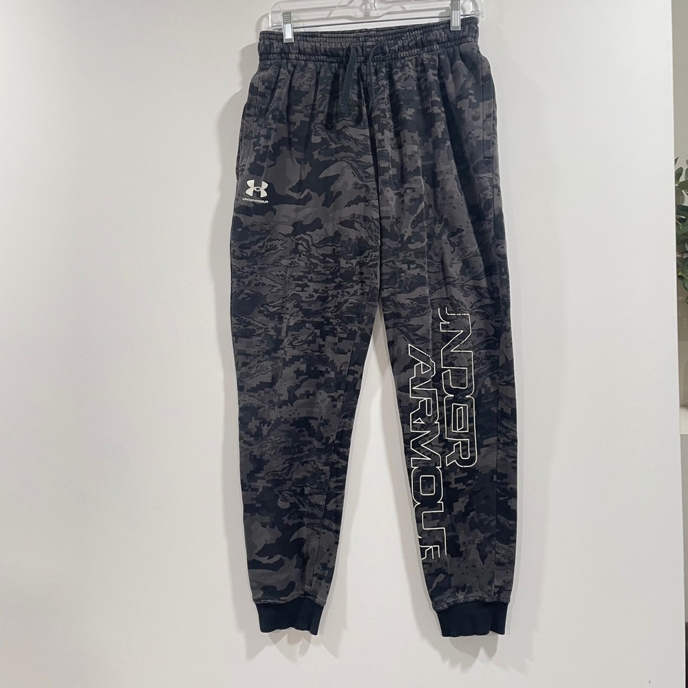 Under Armour Mens Rival Fleece Camo Script Joggers Grey Black Medium